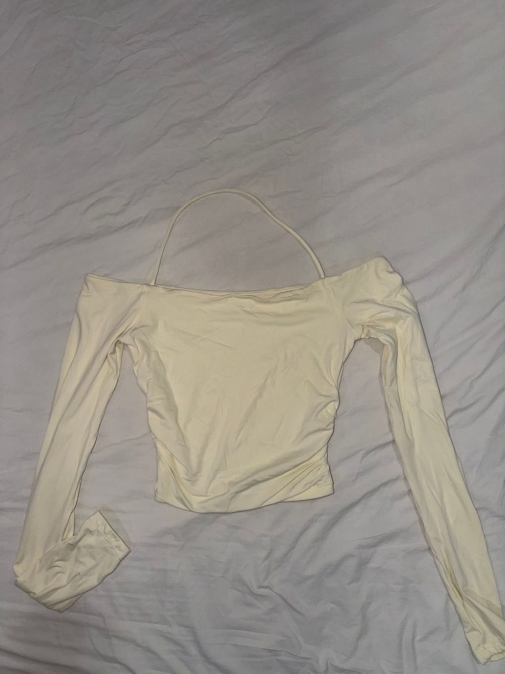 Off-Shoulder Long Sleeve Crop Top in Cream